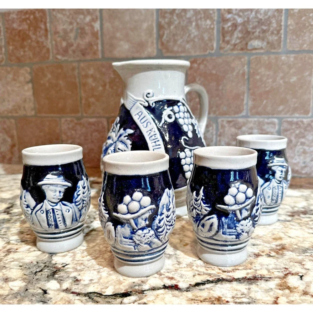 Vintage Trink Edlen Wein Aus Kuhlem Stein‎ Salt Glazed Grapes Pitcher W 4 Cups